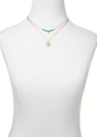 Gold Tone Turquoise Beaded & Disc Duo Pendant Set