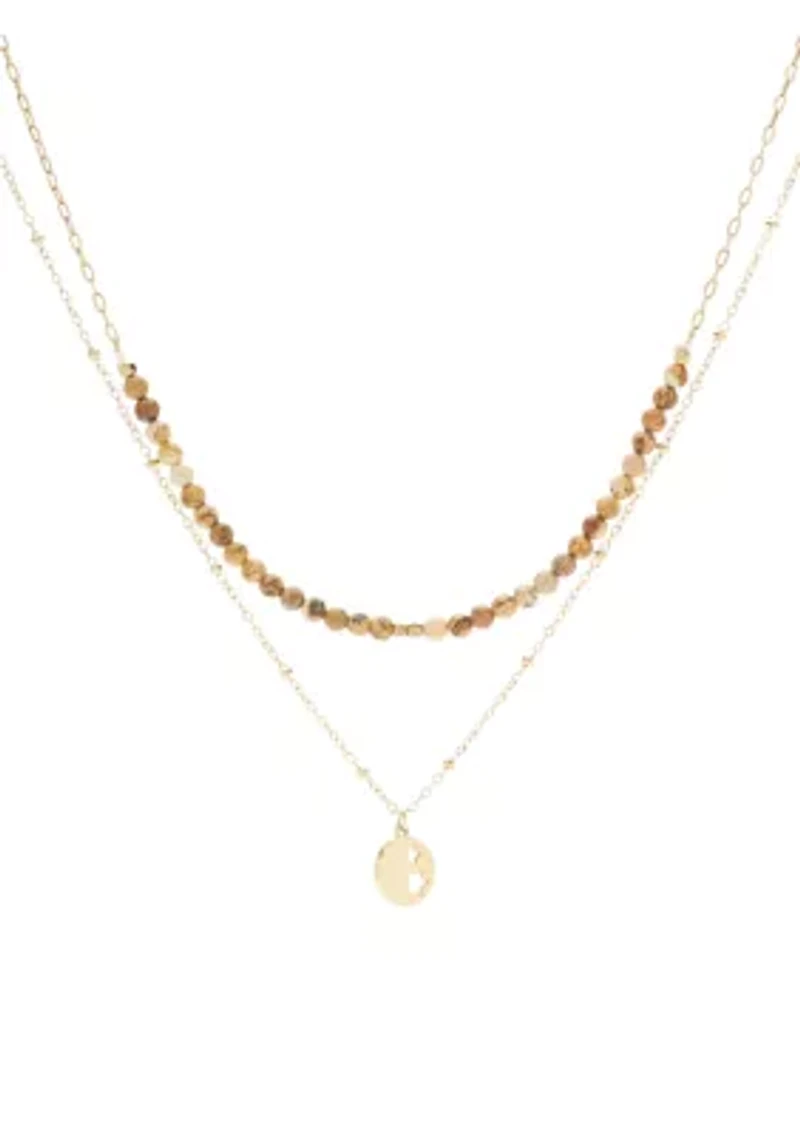 Gold Tone Genuine Stone & Star Disc Duo Pendant Necklace Set
