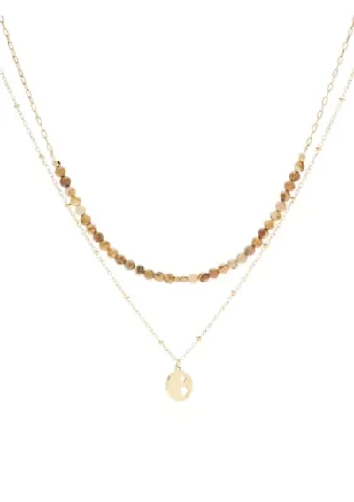 Gold Tone Genuine Stone & Star Disc Duo Pendant Necklace Set