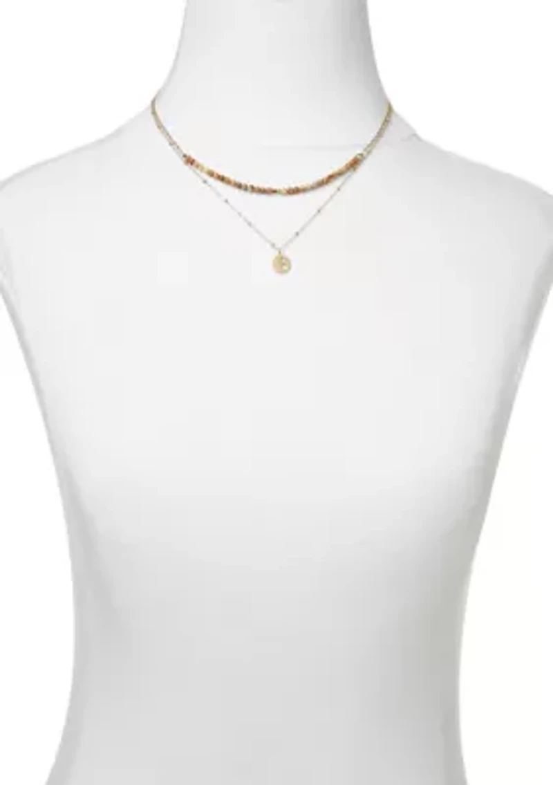 Gold Tone Genuine Stone & Star Disc Duo Pendant Necklace Set