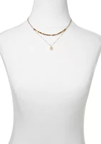 Gold Tone Genuine Stone & Star Disc Duo Pendant Necklace Set
