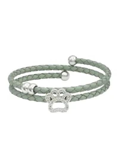 Silver Tone Cubic Zirconia Dog Paw Charm Genuine Leather Wrap Bracelet