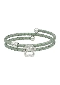 Silver Tone Cubic Zirconia Dog Paw Charm Genuine Leather Wrap Bracelet