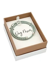 Silver Tone Cubic Zirconia Dog Paw Charm Genuine Leather Wrap Bracelet