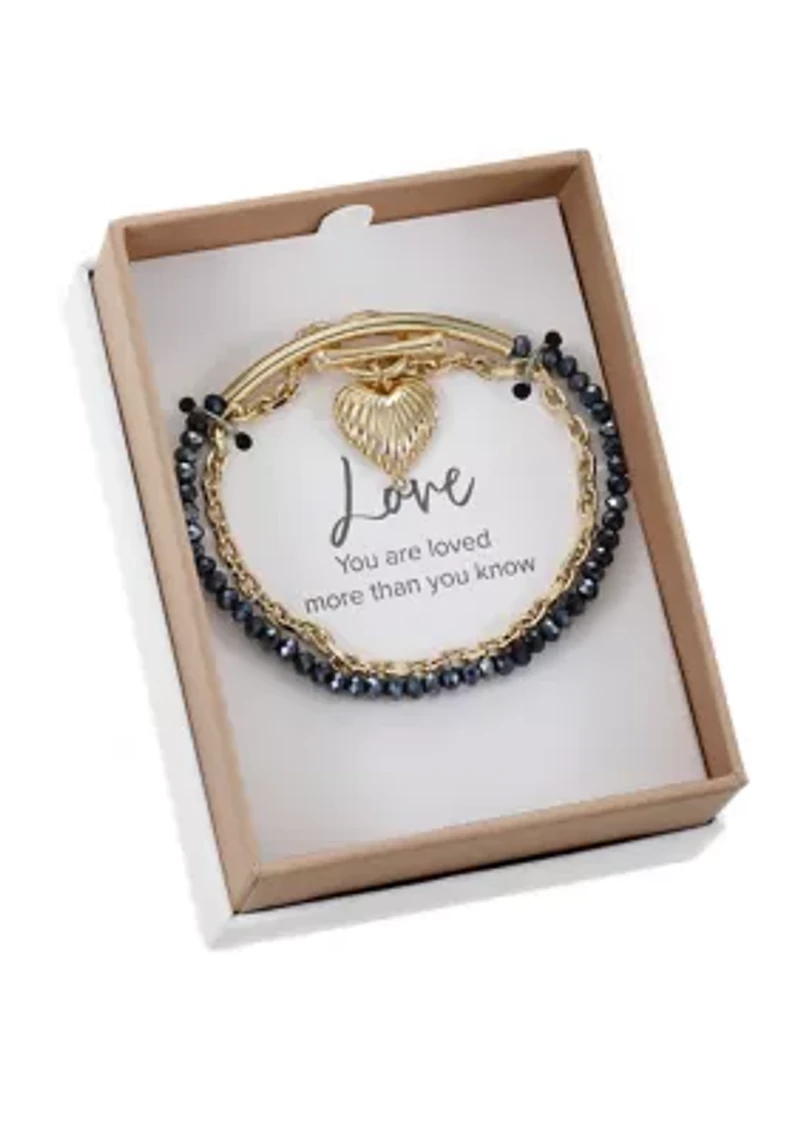 Gold Tone Heart Toggle and Beaded Duo Bracelet Set