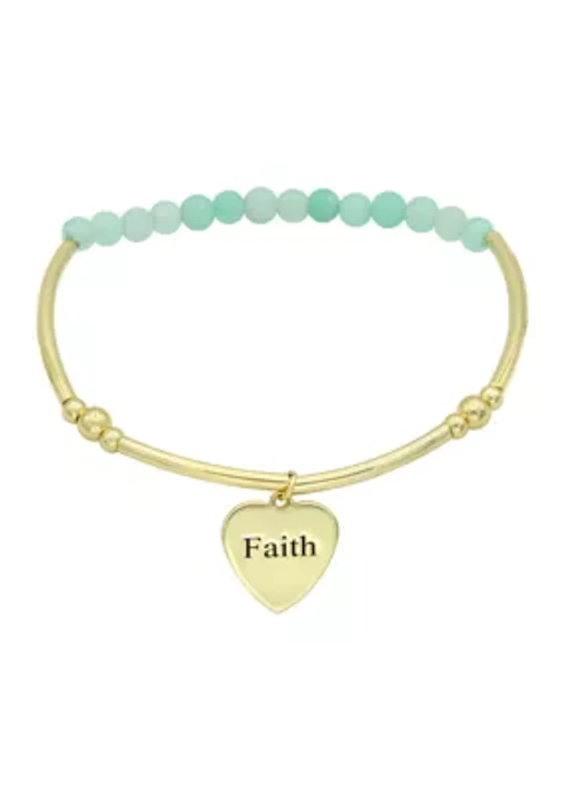 Gold Tone Bar Beaded Faith Engraved Heart Charm Bracelet