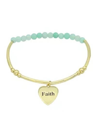 Gold Tone Bar Beaded Faith Engraved Heart Charm Bracelet