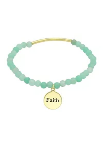 Gold Tone Bar and Multi Beaded Round Faith Engraved Charm Bracelet