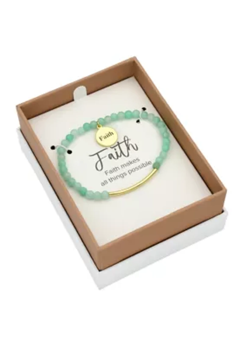 Gold Tone Bar and Multi Beaded Round Faith Engraved Charm Bracelet