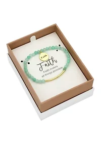 Gold Tone Bar and Multi Beaded Round Faith Engraved Charm Bracelet