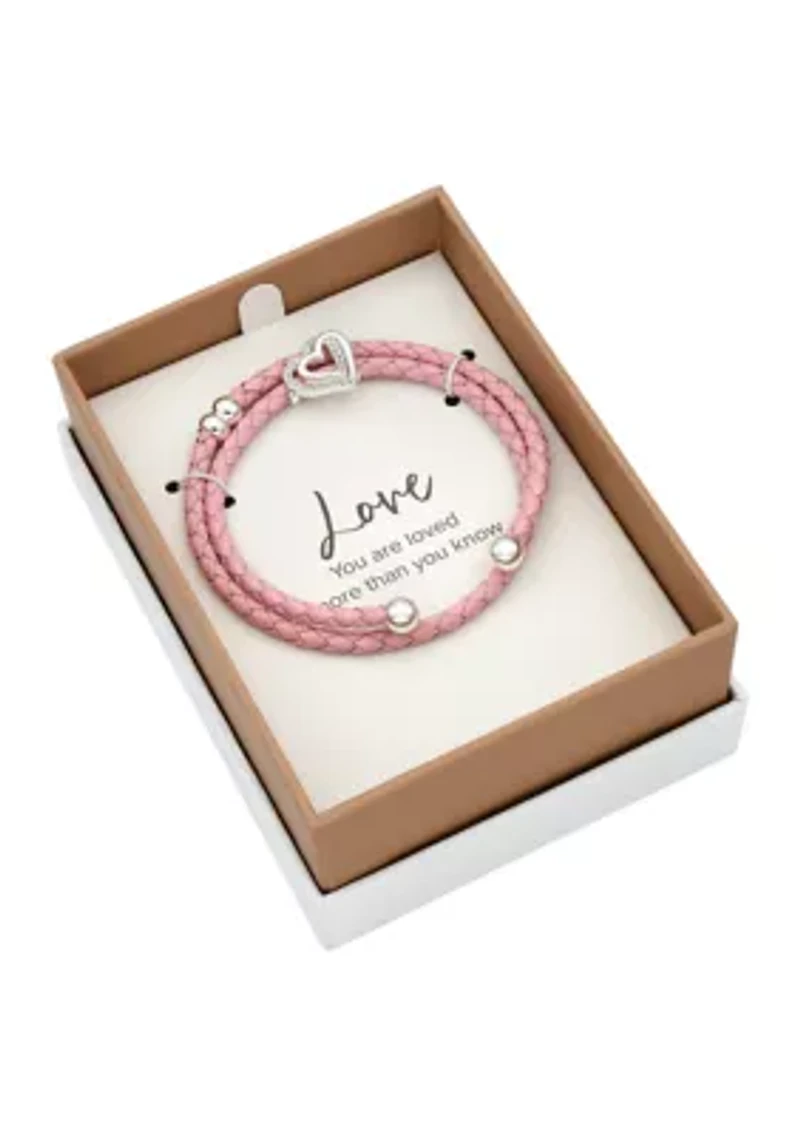 Silver Tone Genuine Pink Leather Wrap Cubic Zirconia Pavé Heart Charm Bracelet
