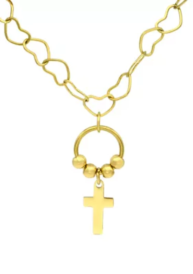 Gold Tone Cross Charm Pendant with Heart Chain Necklace