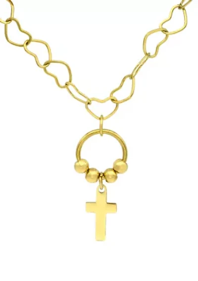 Gold Tone Cross Charm Pendant with Heart Chain Necklace