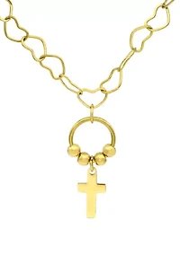 Gold Tone Cross Charm Pendant with Heart Chain Necklace
