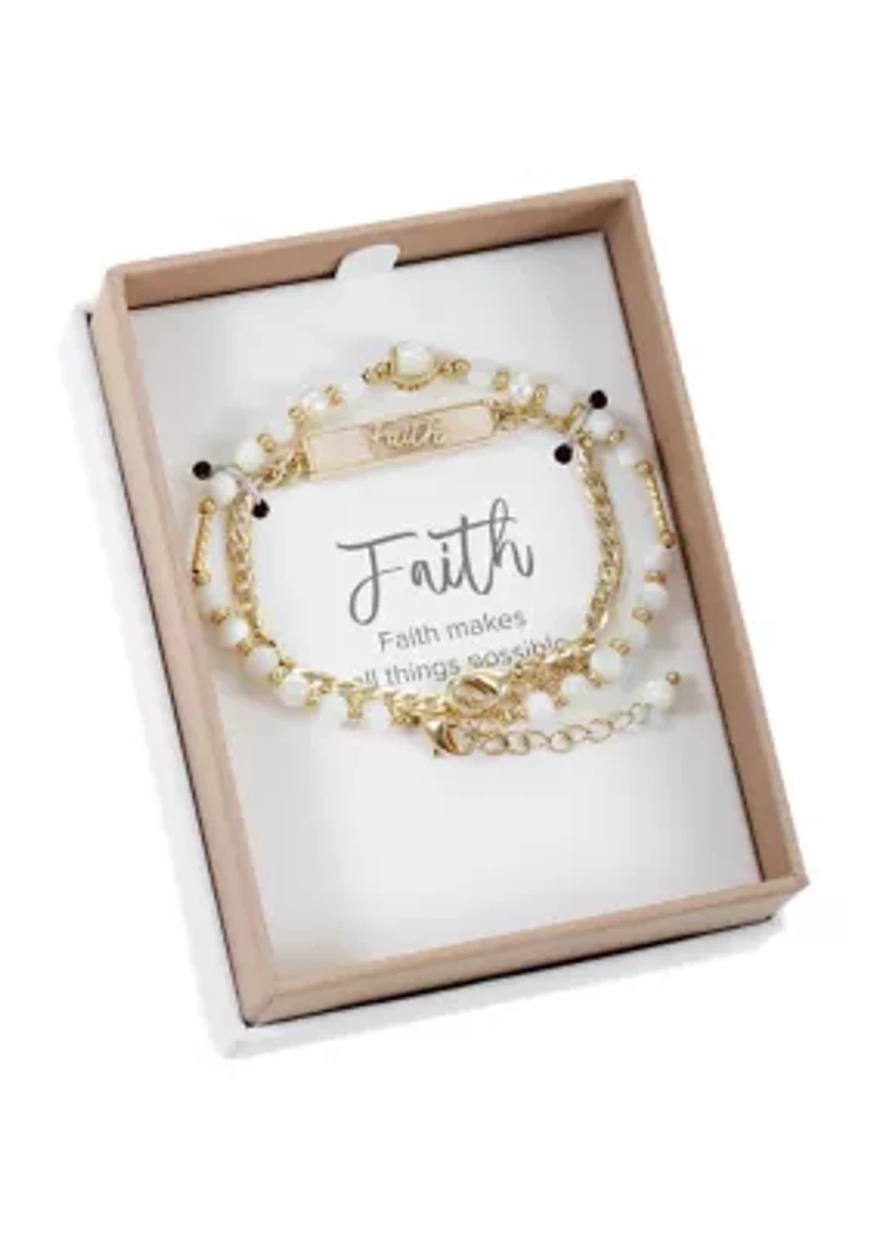 Gold Tone Mother of Pearl and Beaded Faith Duo Bracelet Set
