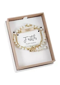Gold Tone Mother of Pearl and Beaded Faith Duo Bracelet Set