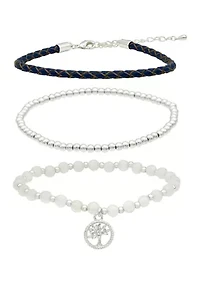 Silver Tone Beaded and Leather Trio Bracelet Set with Tree of Life Charm