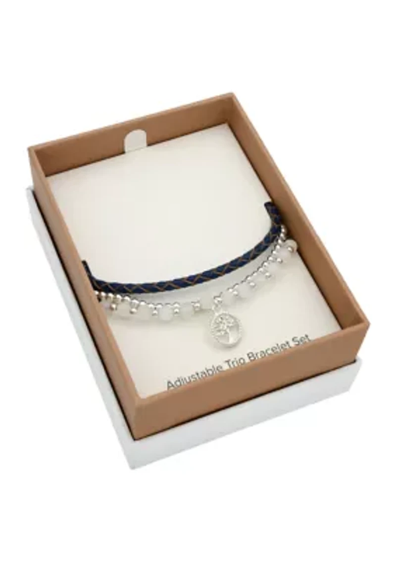 Silver Tone Beaded and Leather Trio Bracelet Set with Tree of Life Charm