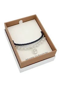 Silver Tone Beaded and Leather Trio Bracelet Set with Tree of Life Charm