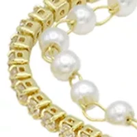 Lab Grown Gold Tone Crystal and Pearl Cross Bracelet Set