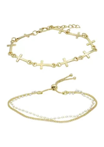 Lab Grown Gold Tone Crystal and Pearl Cross Bracelet Set