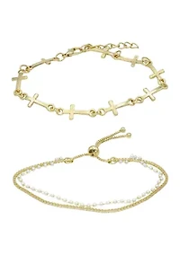 Lab Grown Gold Tone Crystal and Pearl Cross Bracelet Set