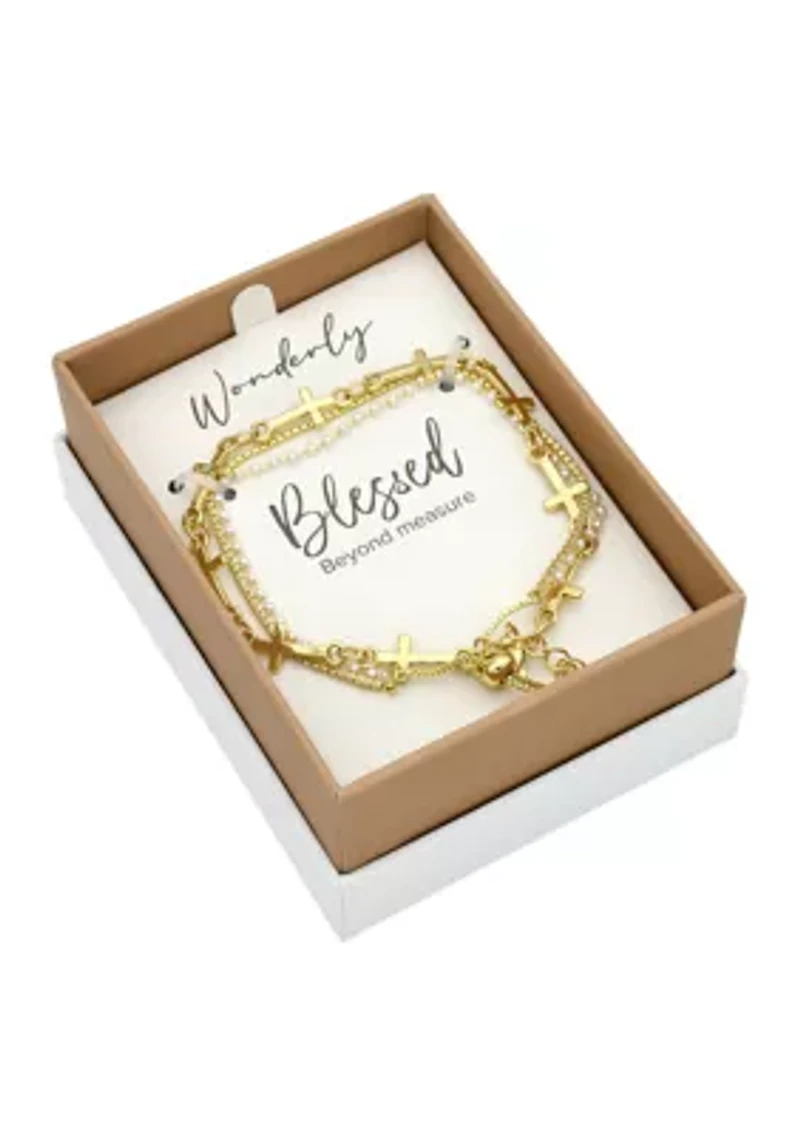 Lab Grown Gold Tone Crystal and Pearl Cross Bracelet Set