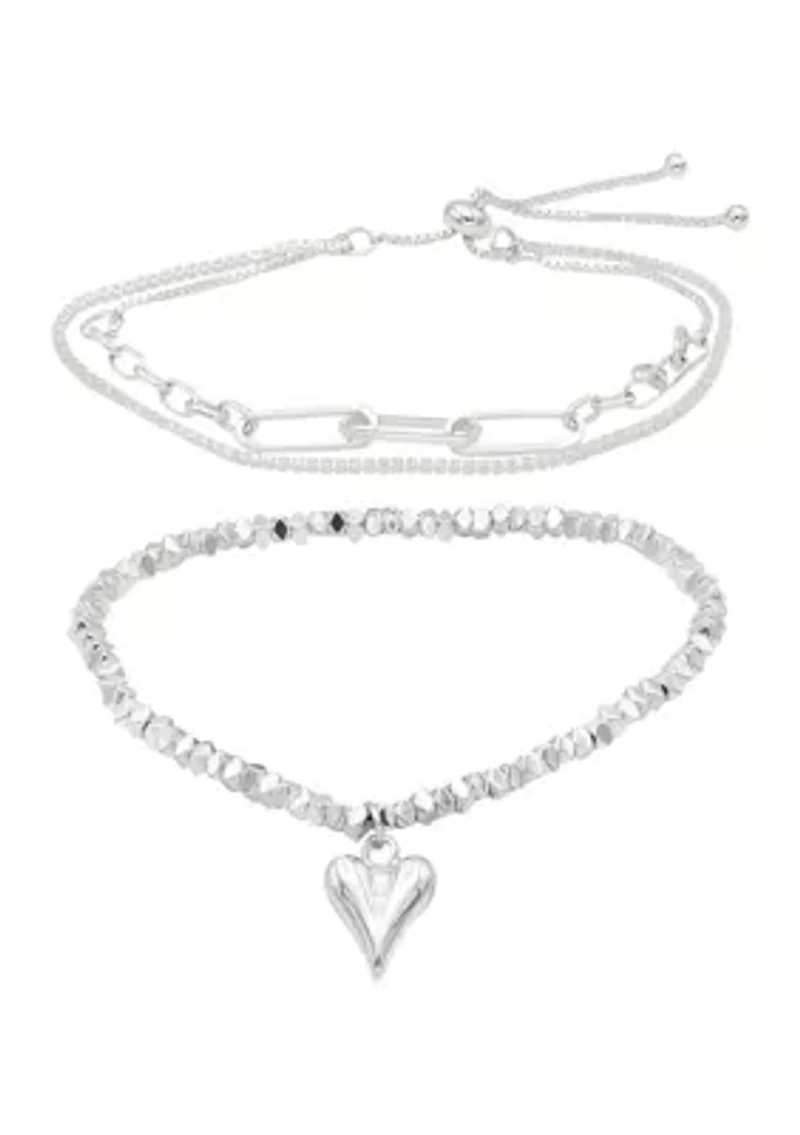 Lab Grown Silver Tone Crystal and Heart Charm Bracelet Set