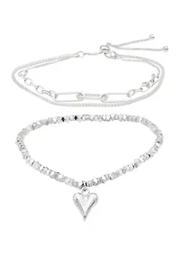 Lab Grown Silver Tone Crystal and Heart Charm Bracelet Set