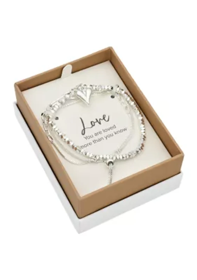 Lab Grown Silver Tone Crystal and Heart Charm Bracelet Set