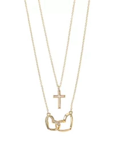 Lab Created Gold Tone MOP Cross and Open Heart Necklace Duo Set