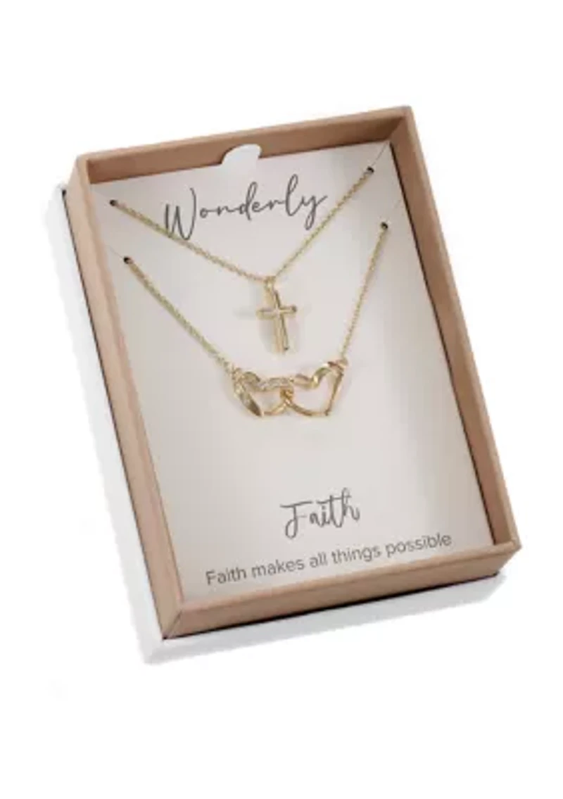 Lab Created Gold Tone MOP Cross and Open Heart Necklace Duo Set