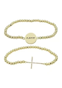 Lab Grown Gold Tone Pave Cubic Zirconia Cross and Faith Bracelet Duo Set