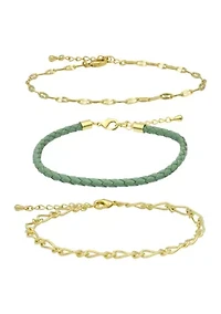 Gold Tone Chains and Green Leather Bracelet Trio Set
