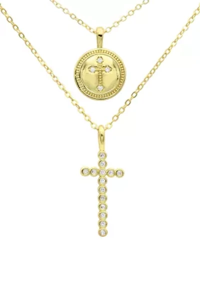 Lab Grown Gold Tone Cubic Zirconia Cross and Charm Duo Necklace Set