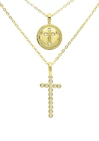 Lab Grown Gold Tone Cubic Zirconia Cross and Charm Duo Necklace Set