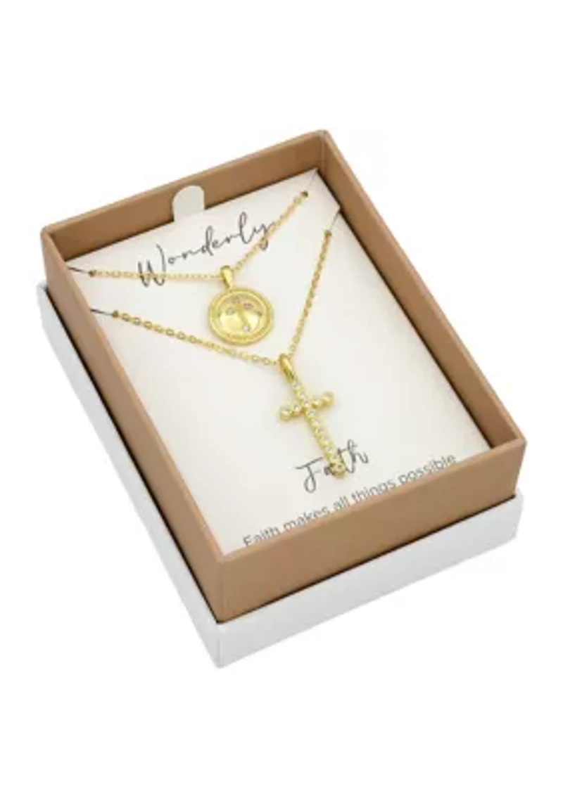 Lab Grown Gold Tone Cubic Zirconia Cross and Charm Duo Necklace Set
