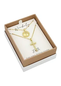 Lab Grown Gold Tone Cubic Zirconia Cross and Charm Duo Necklace Set