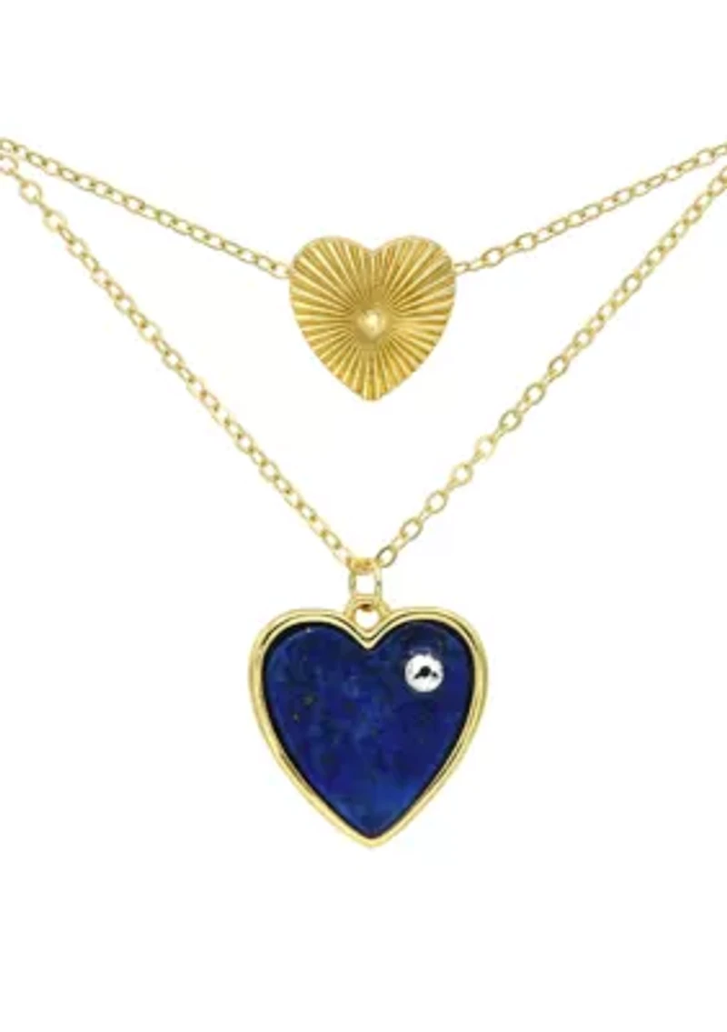 Lab Grown Gold Tone Blue Enamel and Crystal Heart Duo Necklace Set
