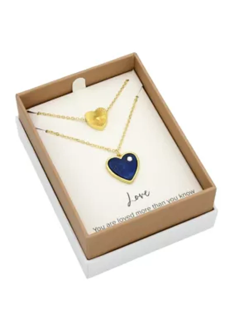 Lab Grown Gold Tone Blue Enamel and Crystal Heart Duo Necklace Set