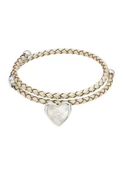 Lab Created Silver Tone Leather Coil MOP Heart Charm Bracelet