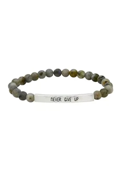 Silver Tone Spectrolite Beaded Engraved Bar Bracelet