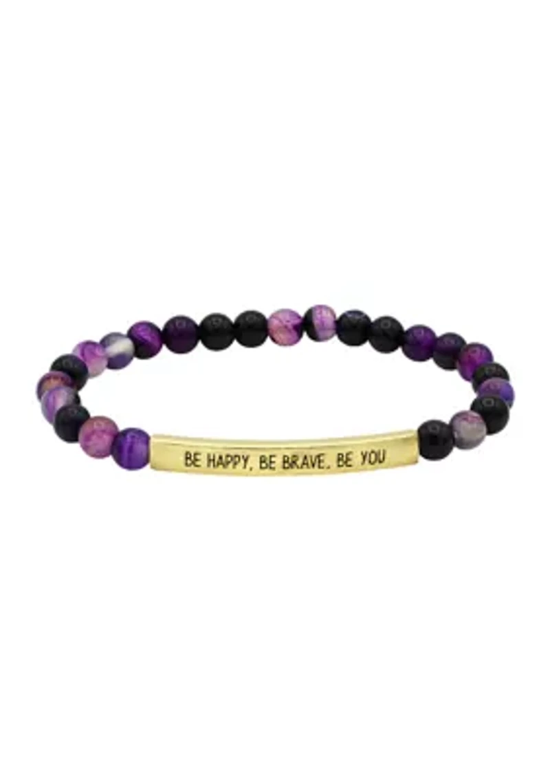 Gold Tone Amethyst Beaded Engraved Bar Bracelet