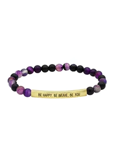 Gold Tone Amethyst Beaded Engraved Bar Bracelet