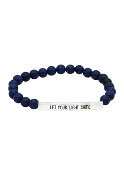 Silver Tone Lapis Beaded Engraved Bar Bracelet