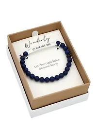 Silver Tone Lapis Beaded Engraved Bar Bracelet