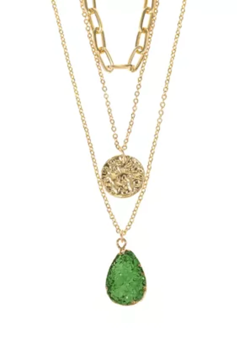 Gold Tone Green Quartz, Paperclip, Disc Trio Necklace Set