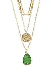 Gold Tone Green Quartz, Paperclip, Disc Trio Necklace Set