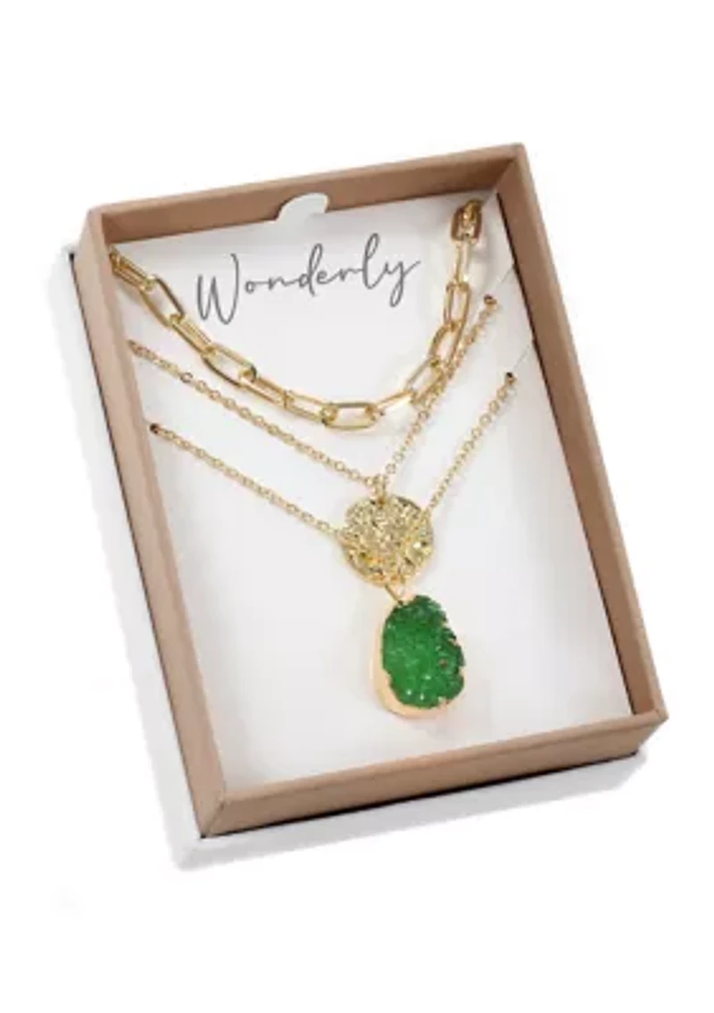 Gold Tone Green Quartz, Paperclip, Disc Trio Necklace Set