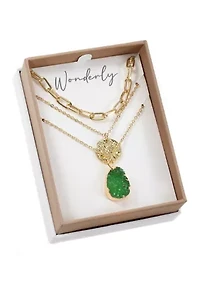 Gold Tone Green Quartz, Paperclip, Disc Trio Necklace Set